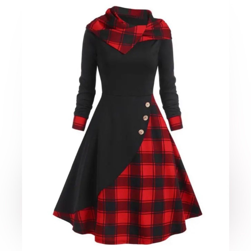 Hooded dress black and plad. New never used.